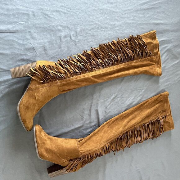 Breckelles Tan Fringe Heeled Boots - Picture 3 of 12